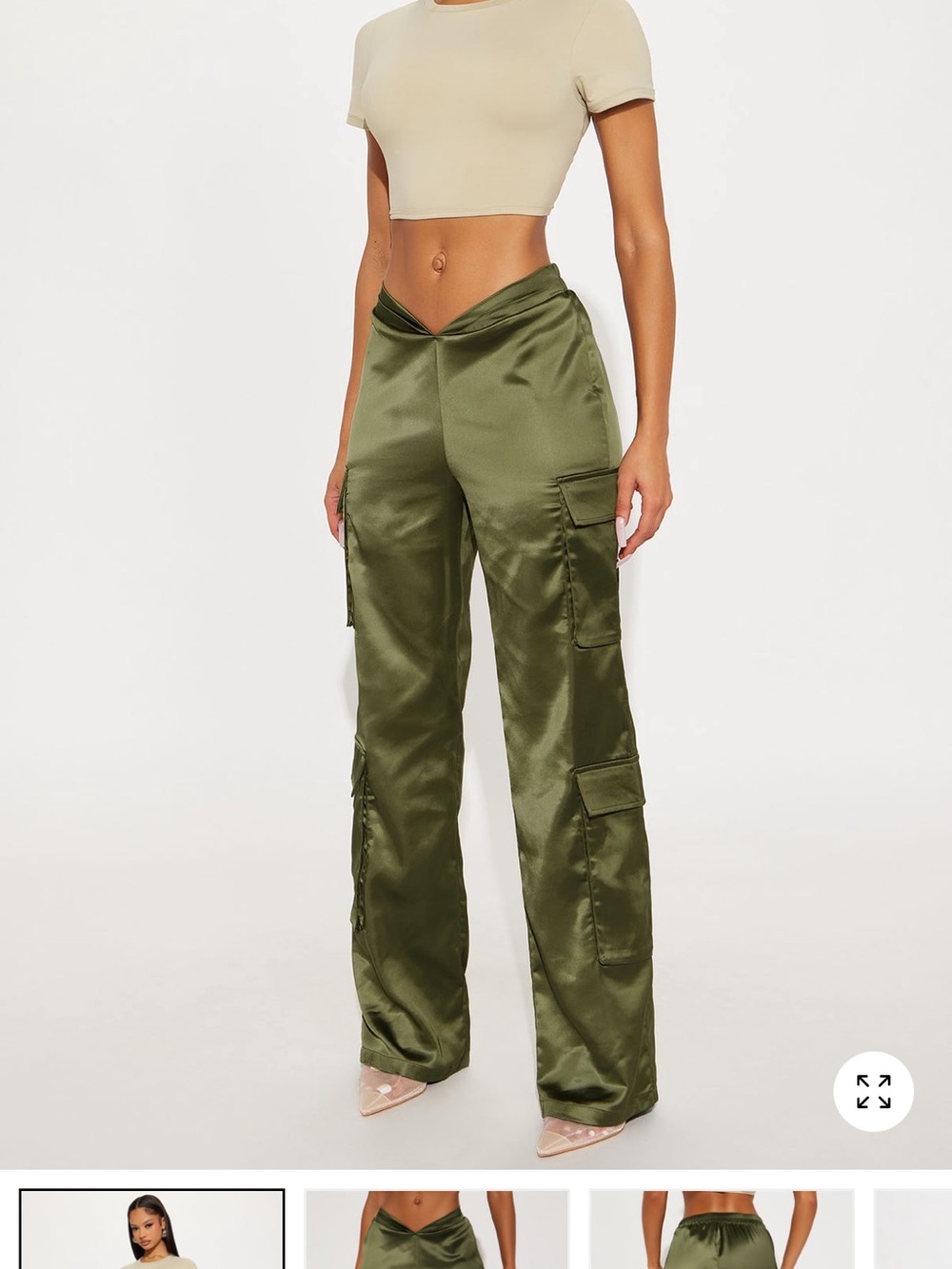 Fashion Nova Olive Satin V-Waist Cargo Pants